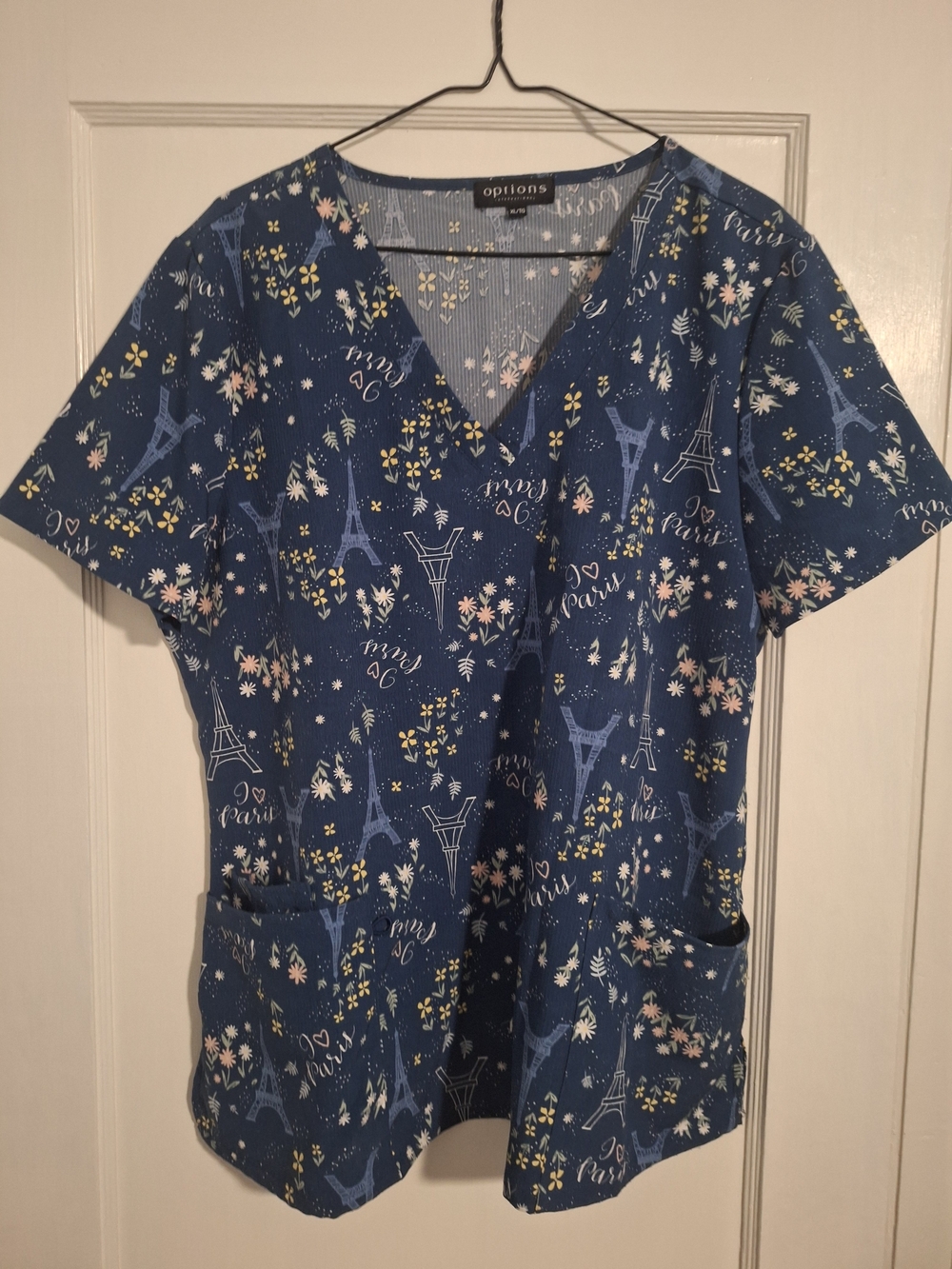 Options Navy Eiffel Tower Print Scrub Top